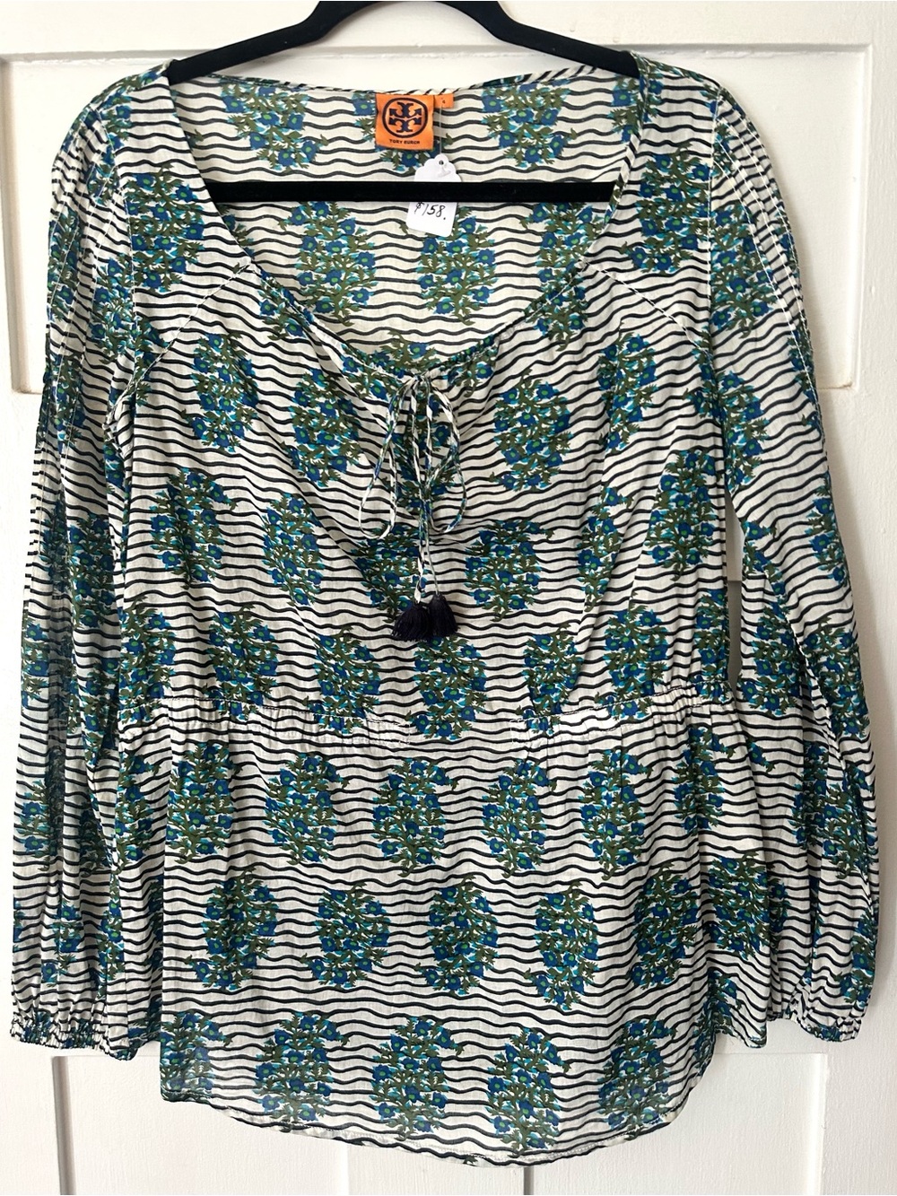Tory Burch Blue & Green Floral Tie-Front Long Sleeve Tunic